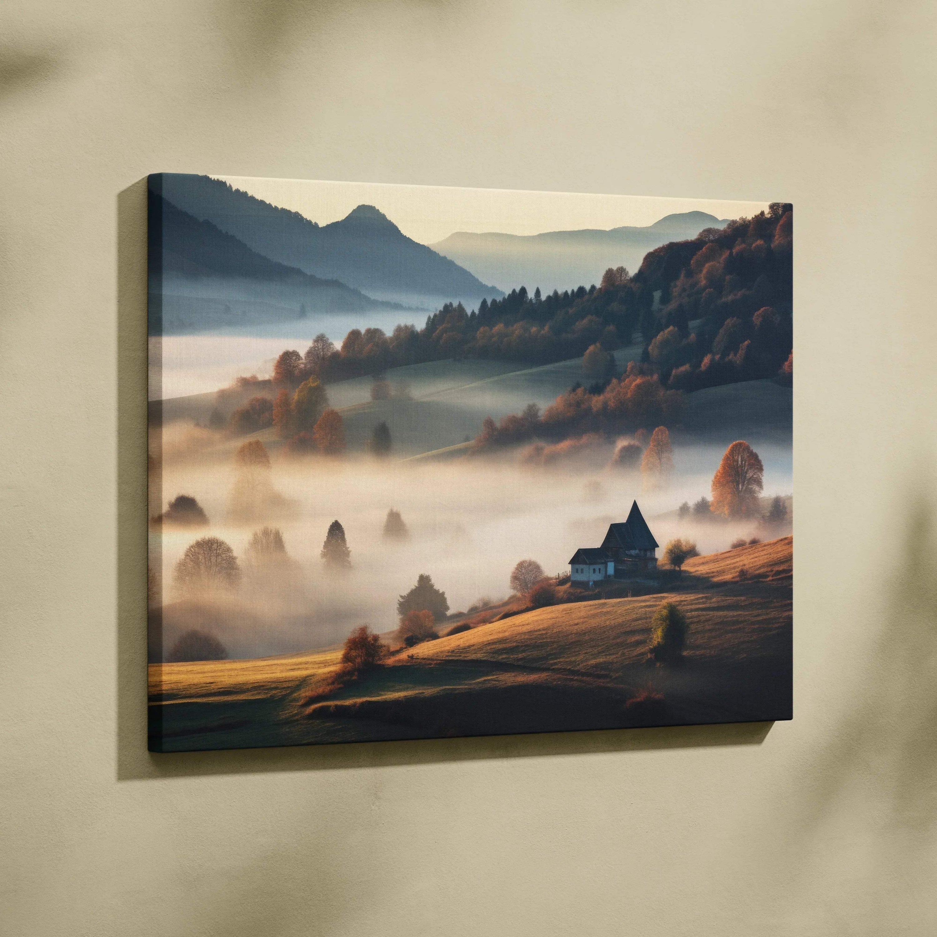 Immersive autumn nature canvas wall art featuring vibrant fall foliage and misty hills with a rustic cabin.