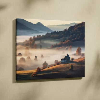Immersive autumn nature canvas wall art featuring vibrant fall foliage and misty hills with a rustic cabin.