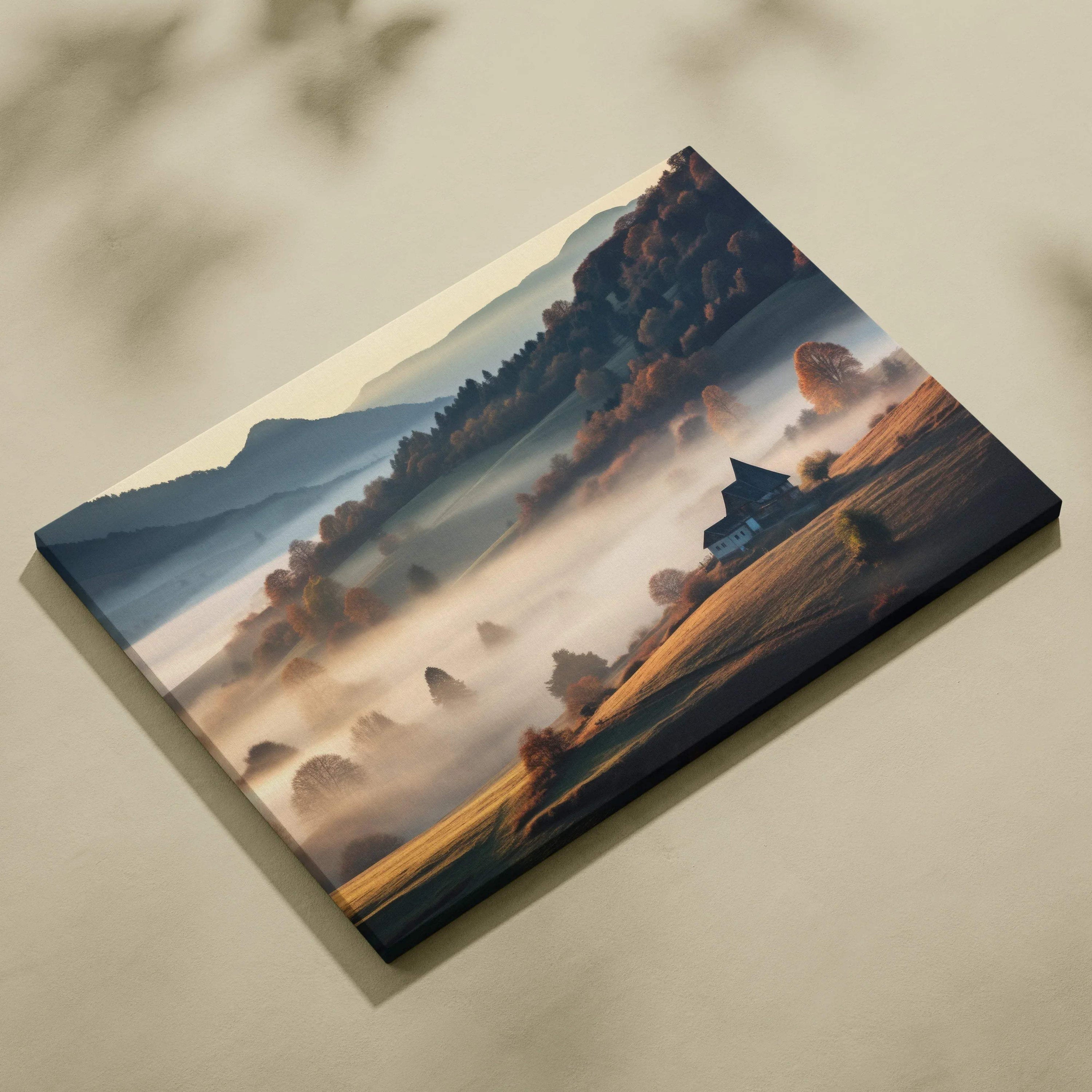 Canvas wall art featuring vibrant autumn foliage and misty serene landscape with rolling hills and a small cabin.