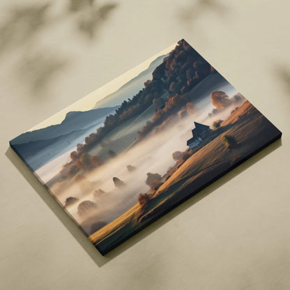 Canvas wall art featuring vibrant autumn foliage and misty serene landscape with rolling hills and a small cabin.