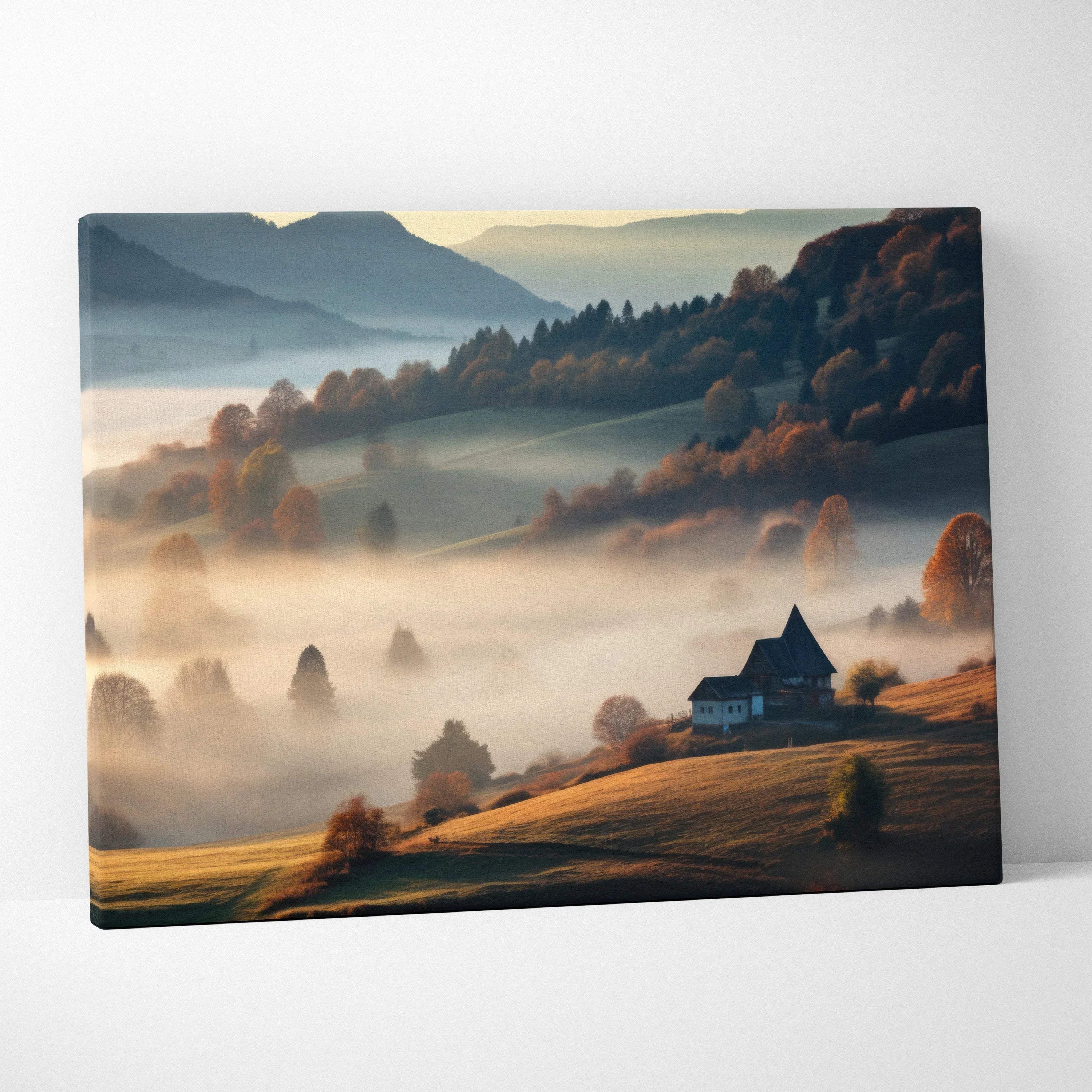 Autumn nature canvas art with vibrant fall foliage and misty hills in serene landscape wall art.