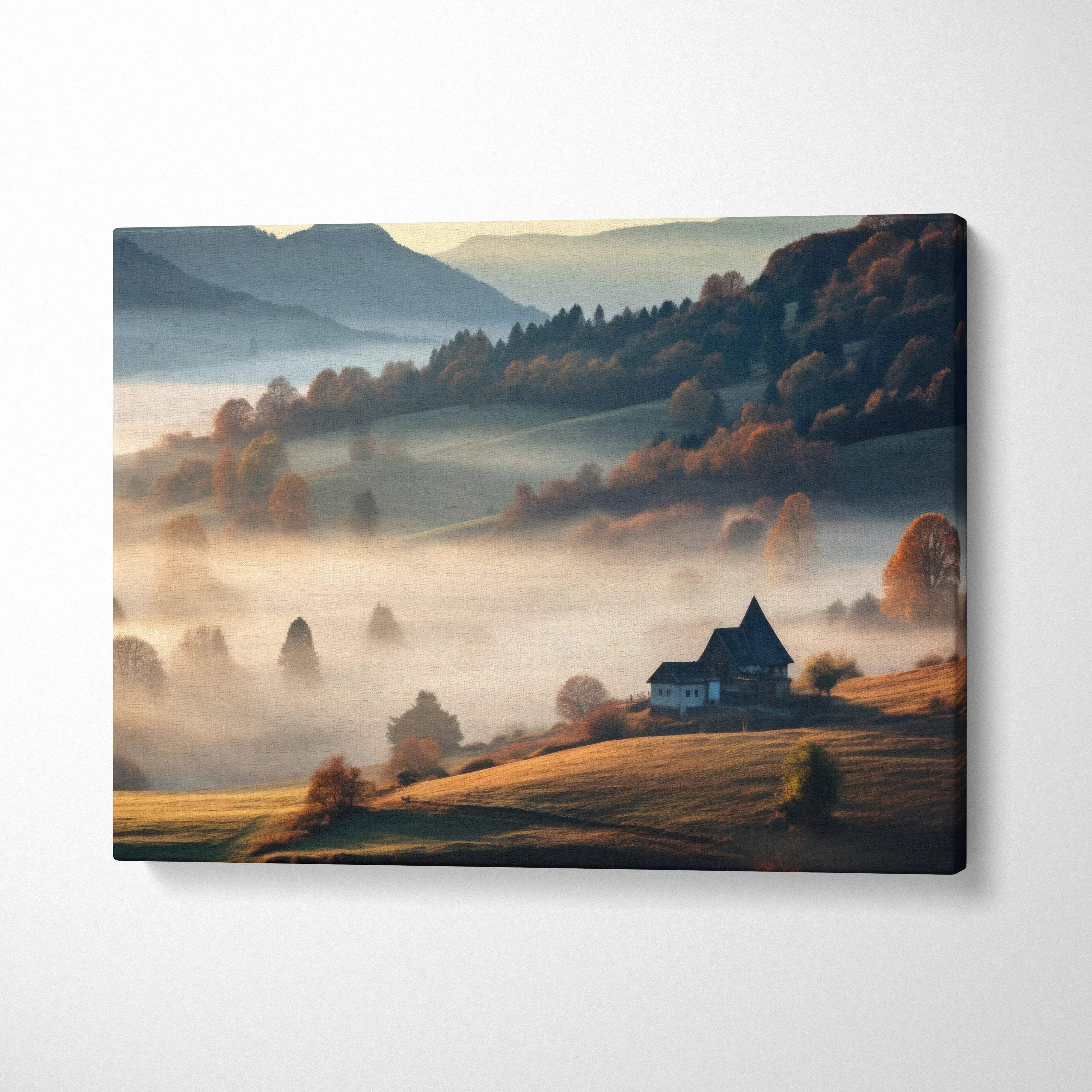 Canvas wall art featuring a misty autumn landscape with vibrant fall foliage and a rural house.