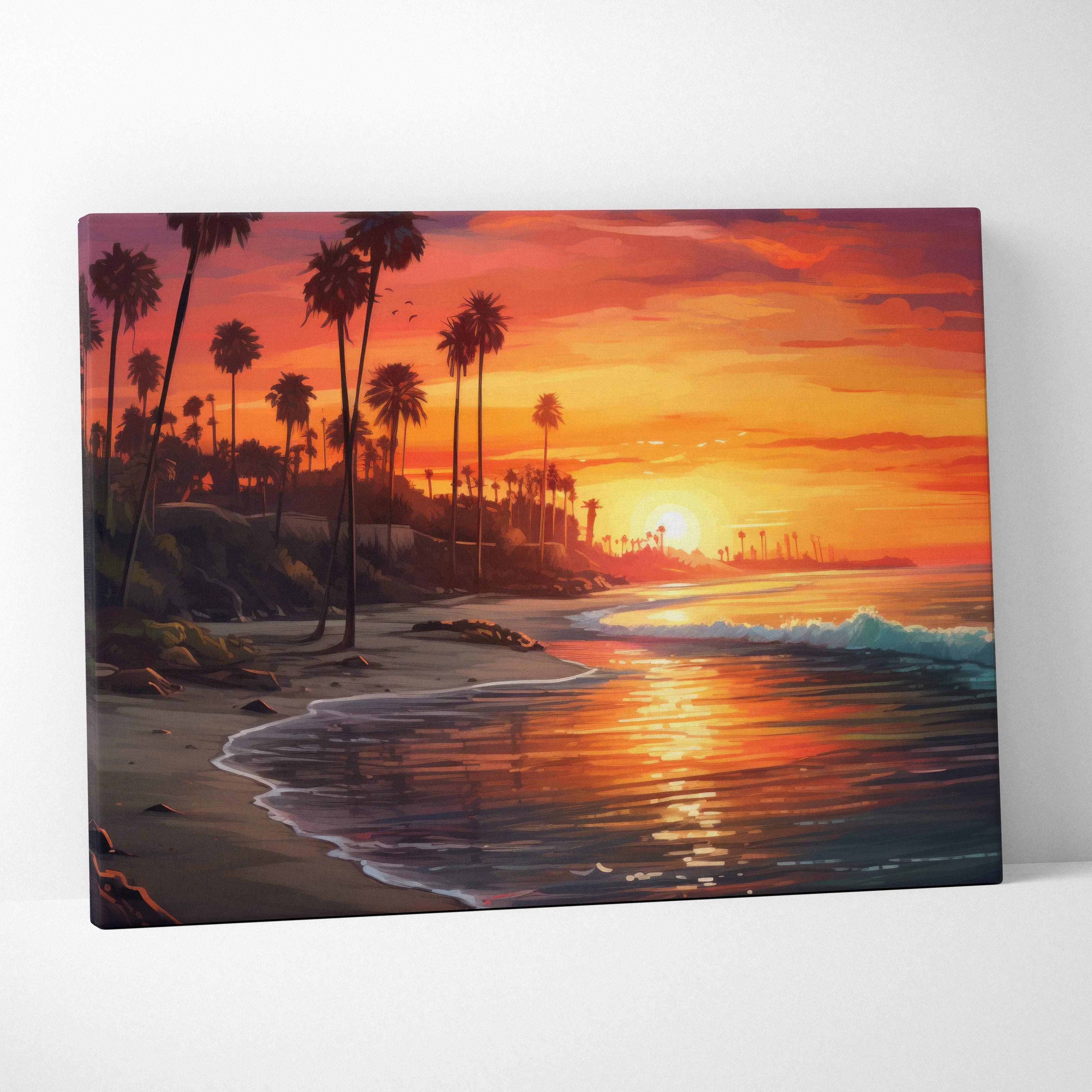 California Coast Sunset canvas print with palm trees and ocean waves