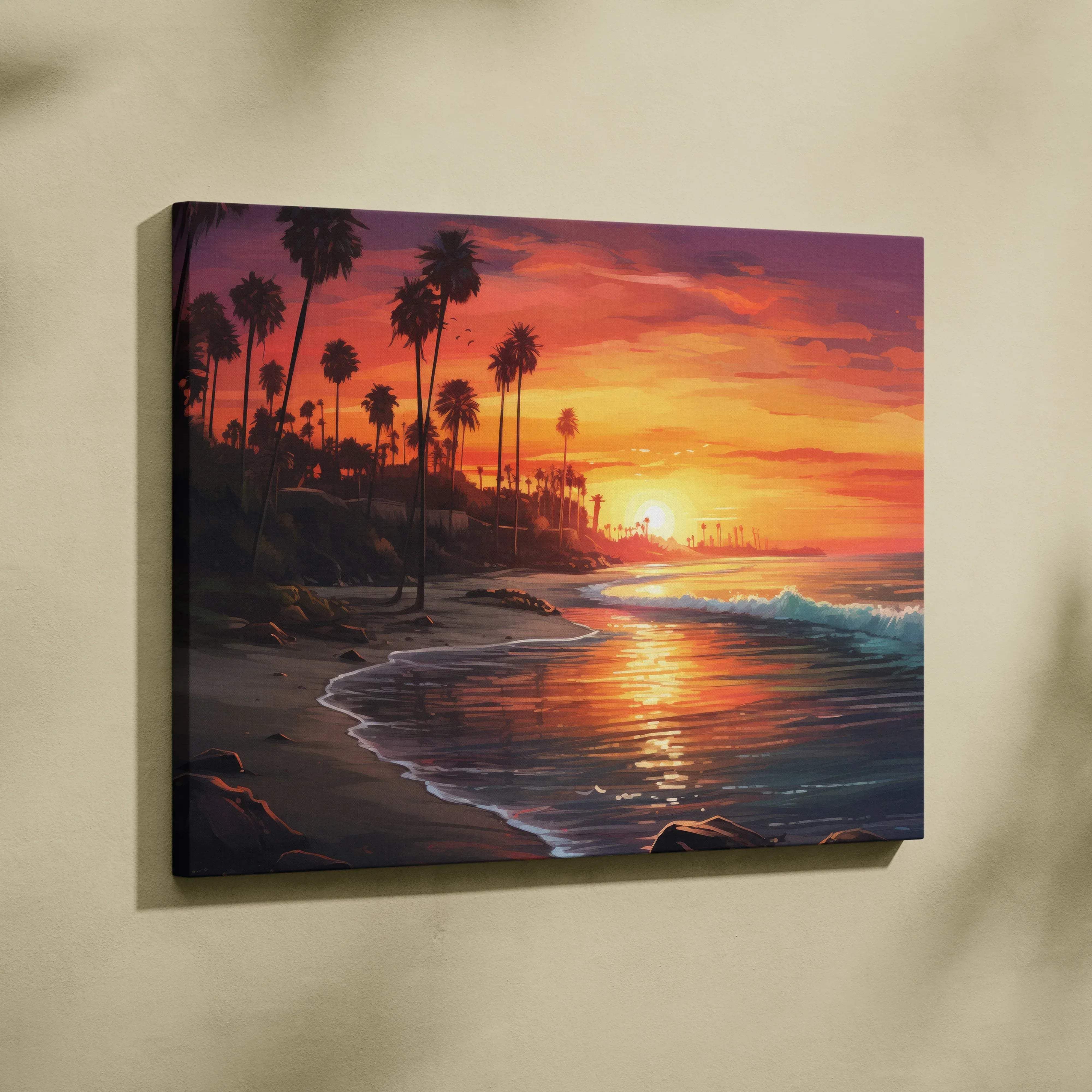 Framed California Coast Sunset canvas print with palm trees and ocean waves