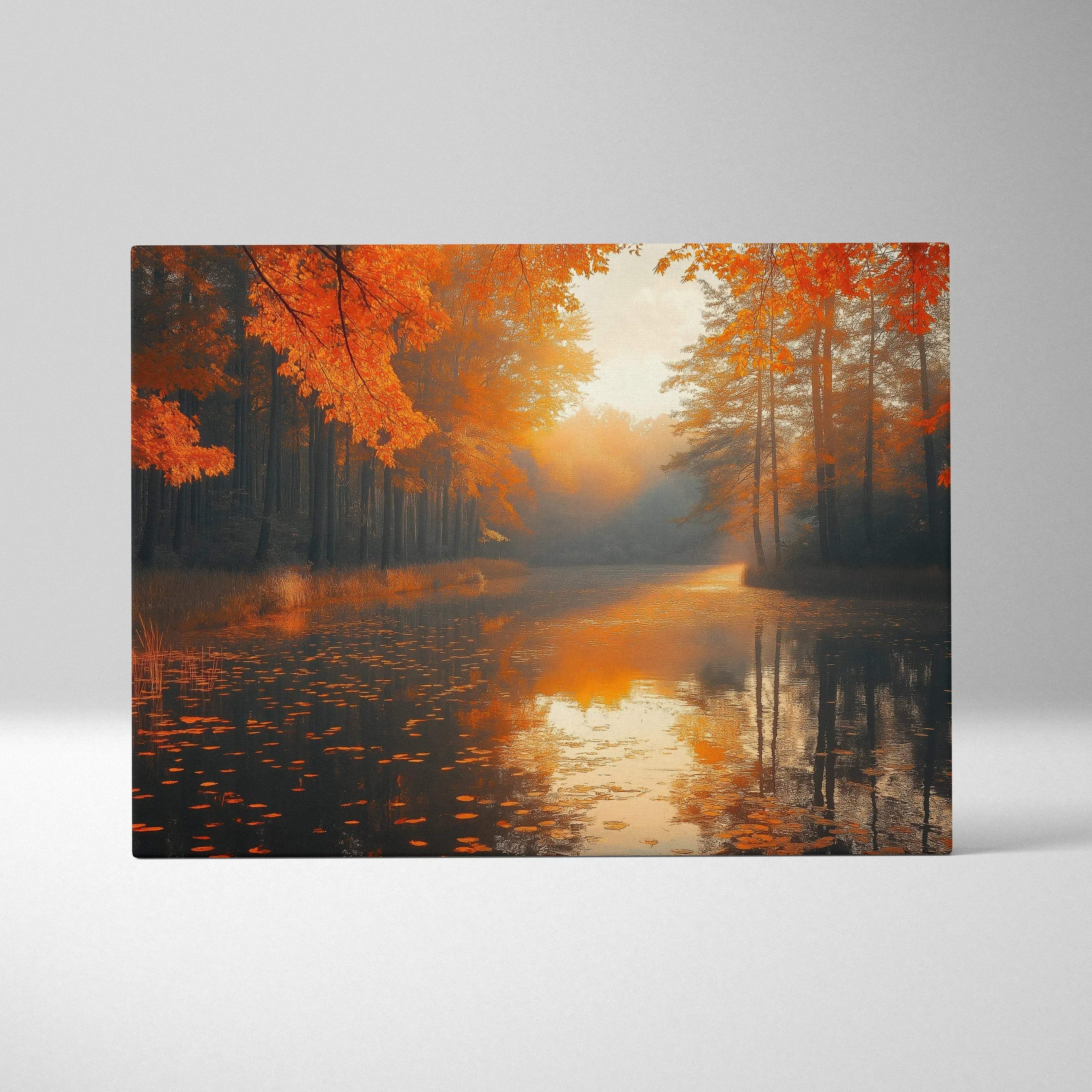 Autumn forest digital art canvas with golden trees and falling leaves reflecting on calm water wall art.