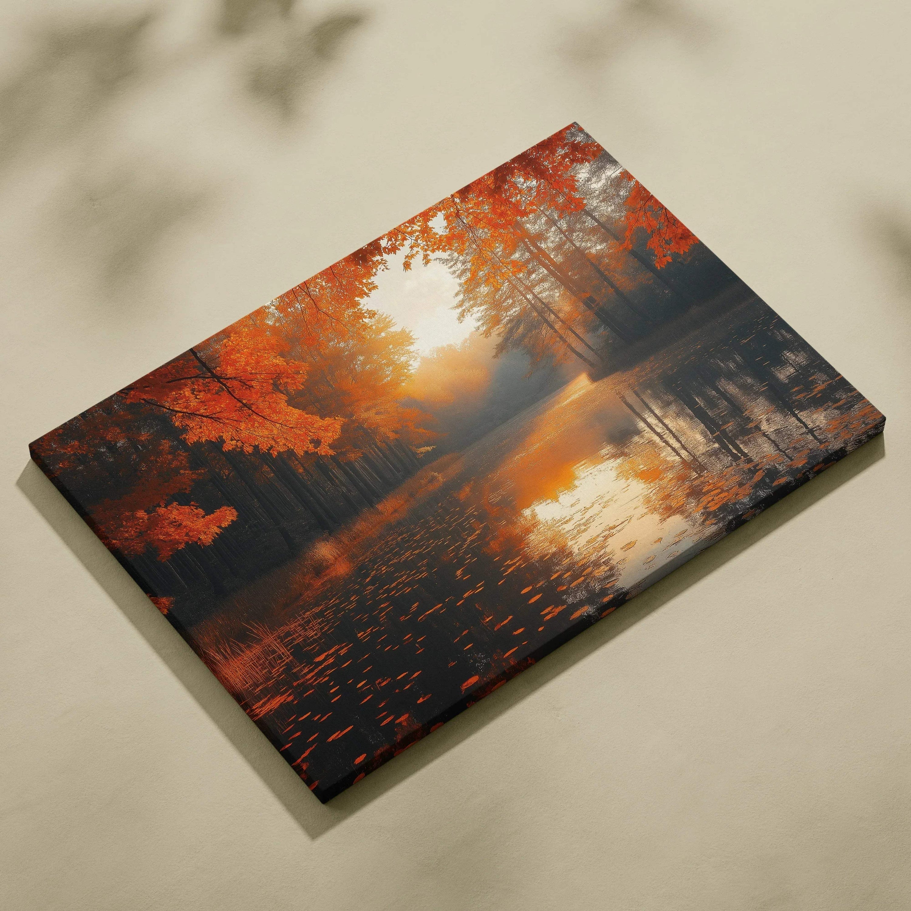 Autumn nature canvas art with golden trees and falling leaves reflected on calm water, warm tones wall art.