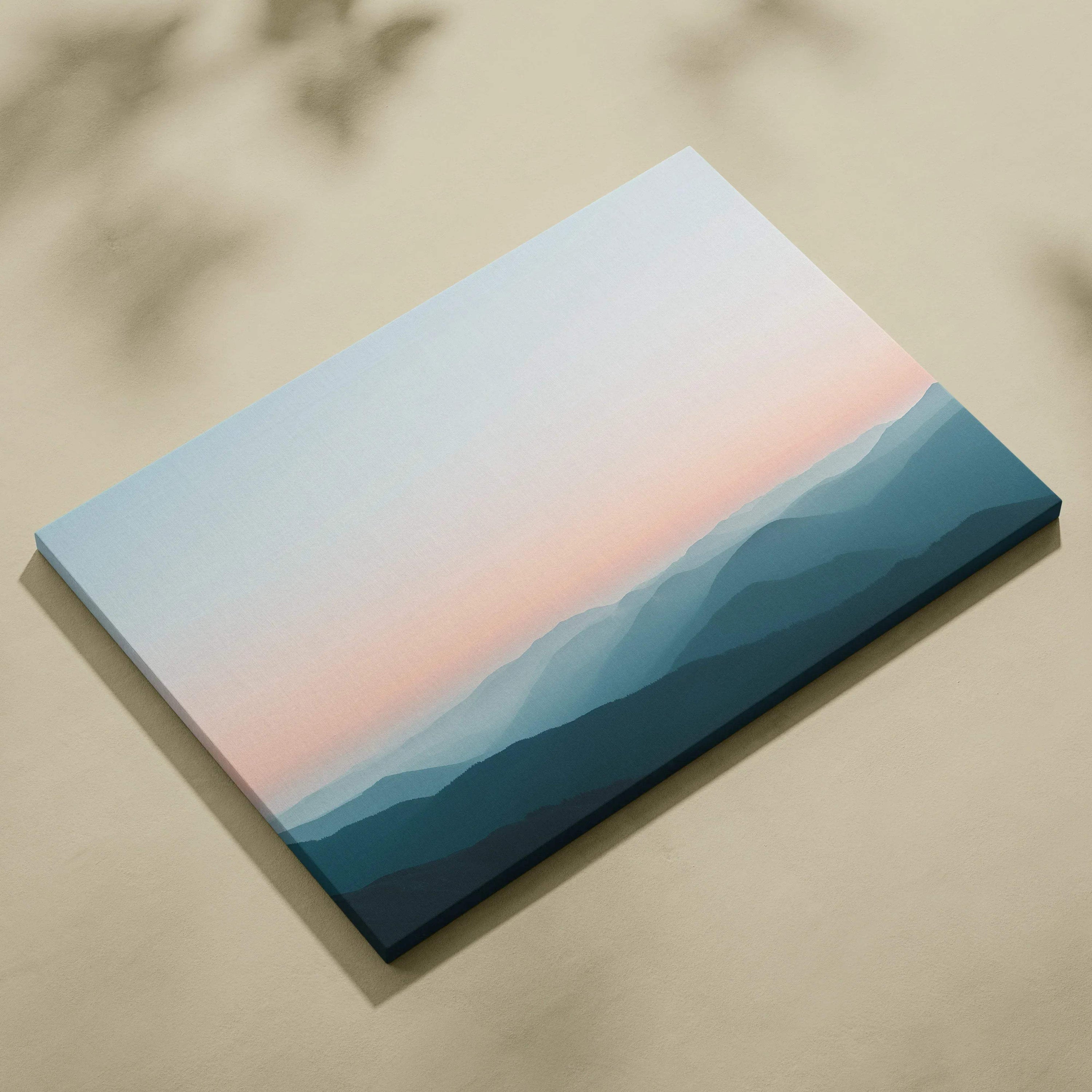 Modern minimalist canvas wall art featuring a serene mountain landscape in soft blue and peach tones for decor.