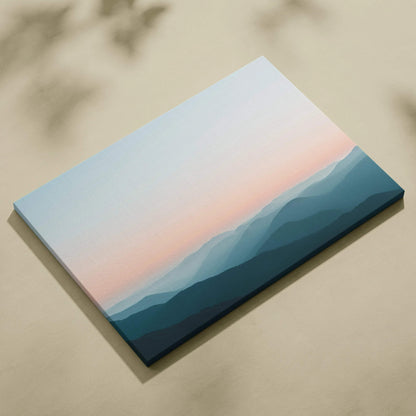 Modern minimalist canvas wall art featuring a serene mountain landscape in soft blue and peach tones for decor.