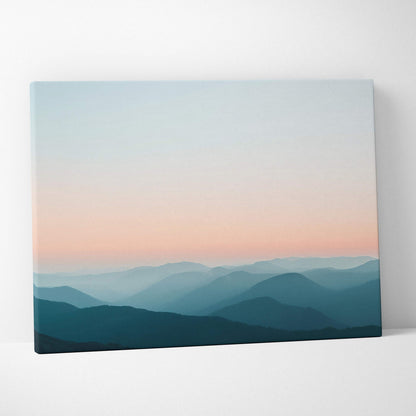 Modern minimalist digital wall art canvas featuring serene layered mountain landscape in soft blue and peach tones, perfect.