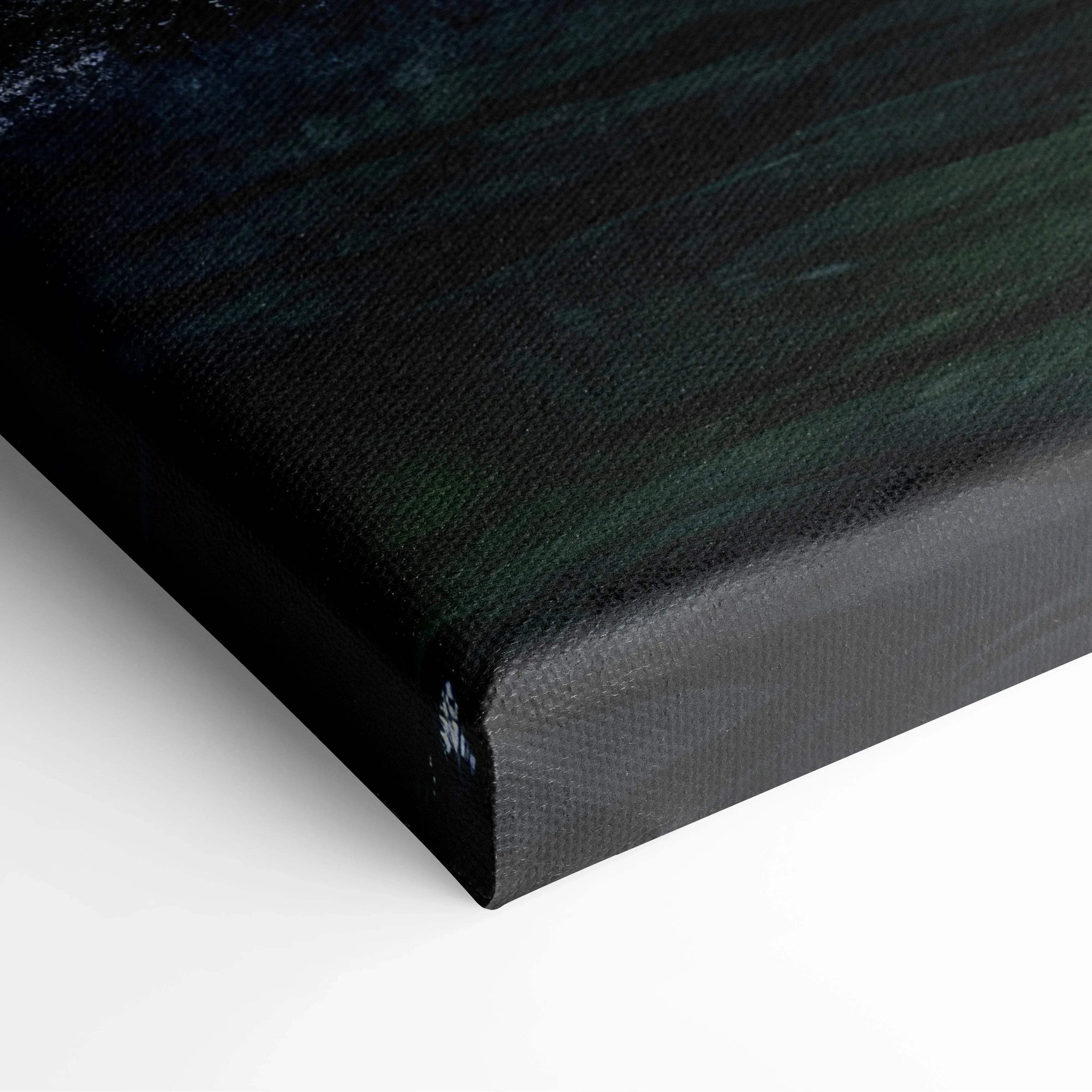 Dark canvas wall art corner with deep green and black abstract forest design decor.