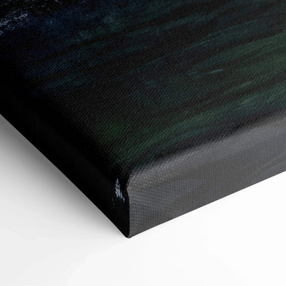 Dark canvas wall art corner with deep green and black abstract forest design decor.
