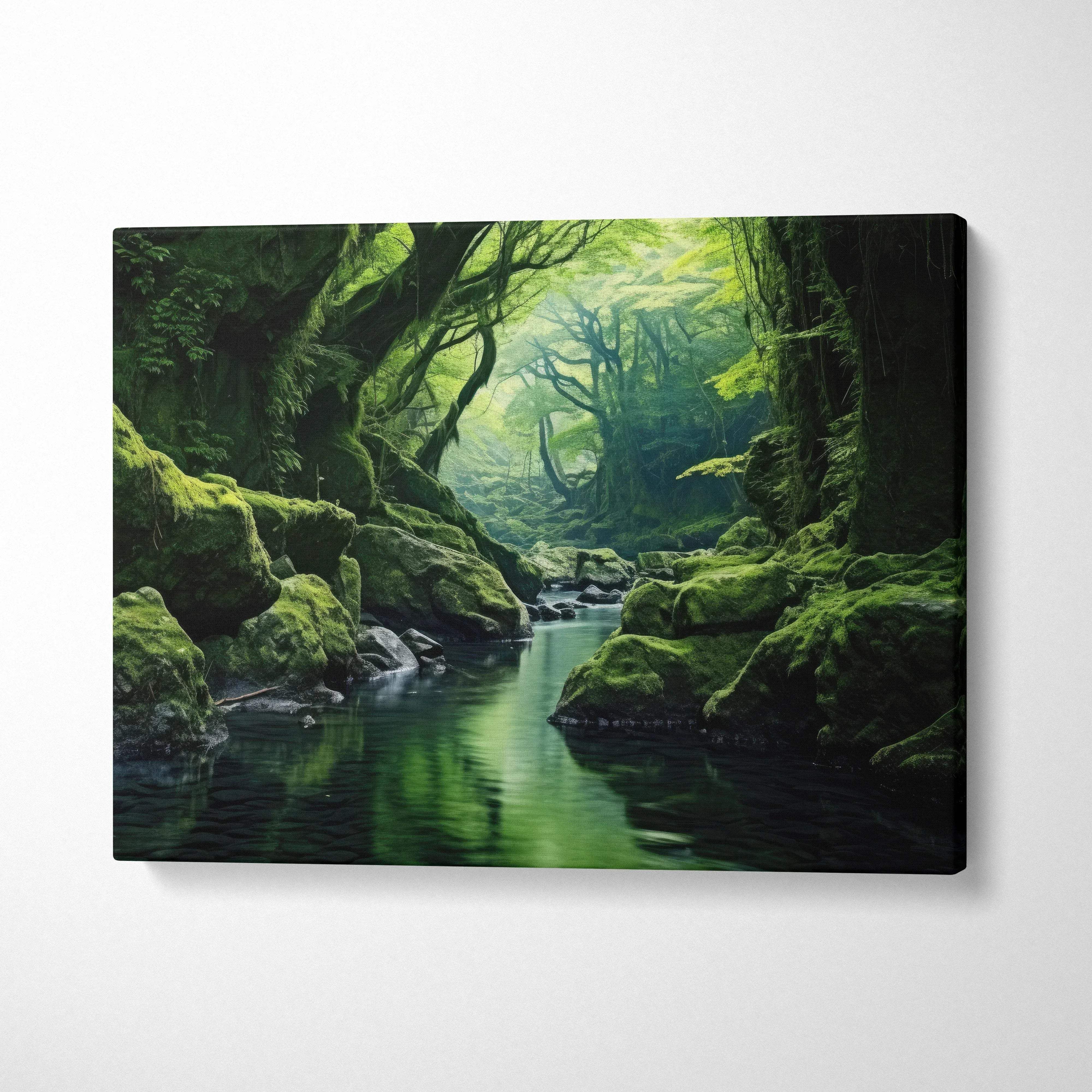 Serene forest river landscape canvas wall art with lush green moss and calm water decor.