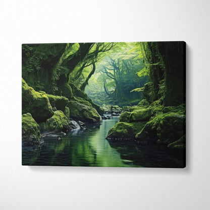 Serene forest river landscape canvas wall art with lush green moss and calm water decor.
