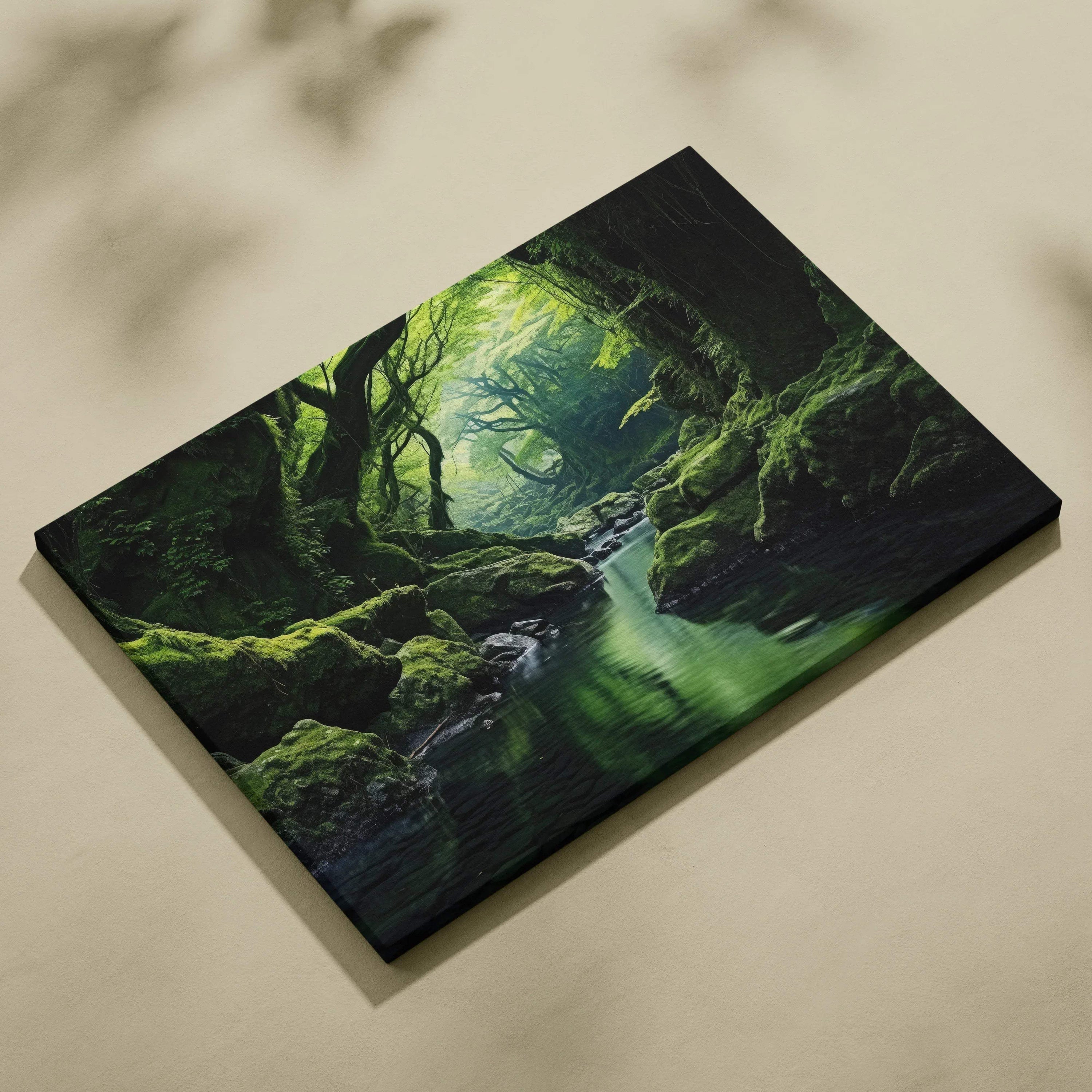 Serene forest river landscape canvas wall art with lush green trees and moss decor.