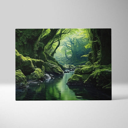 Serene forest river landscape canvas wall art with lush green moss and sunlight decor.