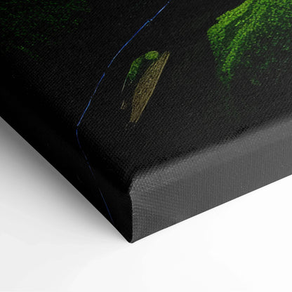 Close-up of Serene Forest Landscape canvas wall art corner with lush green foliage and calm river details on black background.