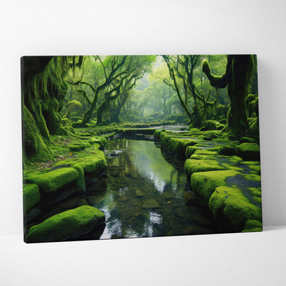 Serene forest landscape canvas wall art with calm river and lush green moss decor.