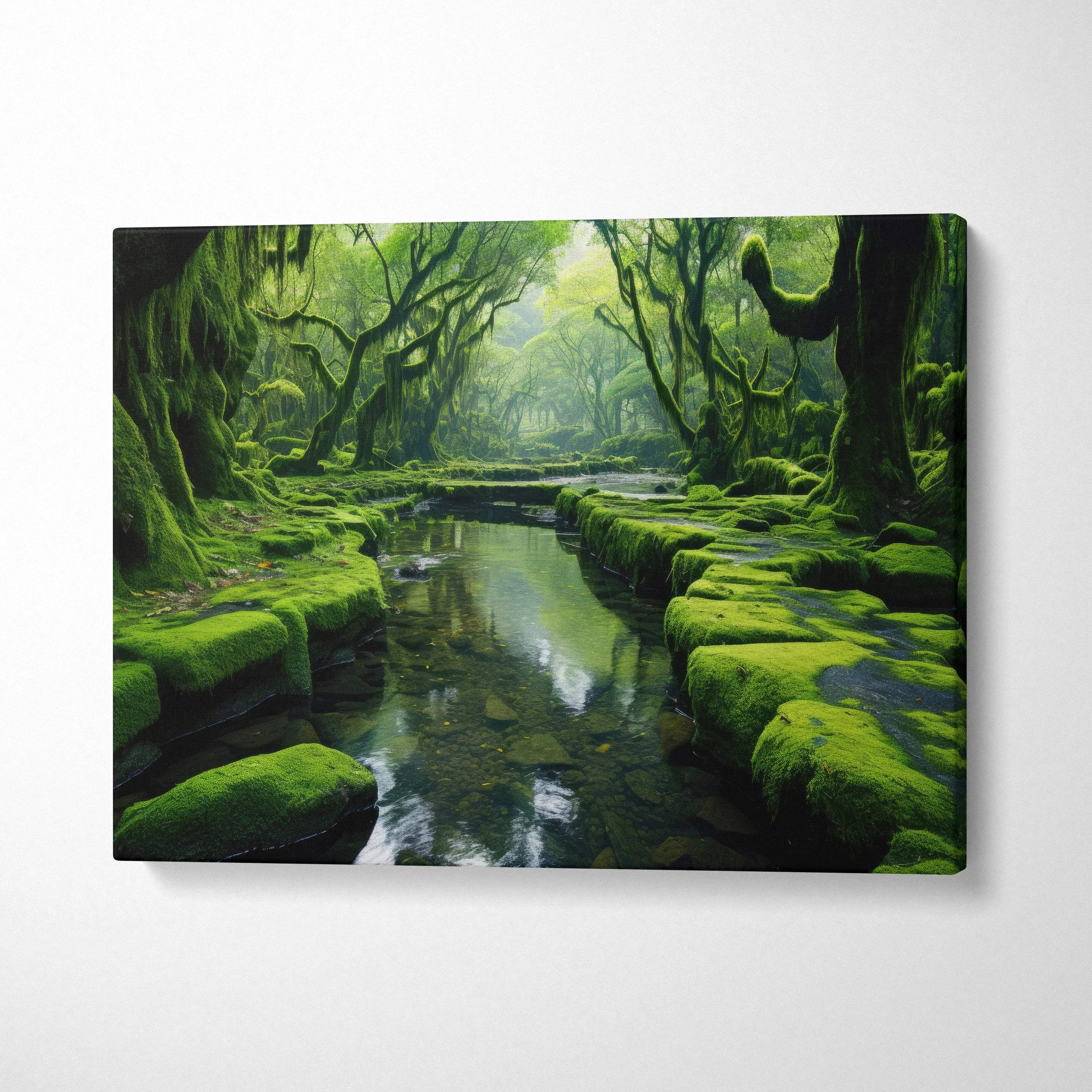 Serene forest landscape canvas wall art featuring a calm river and lush green foliage decor.