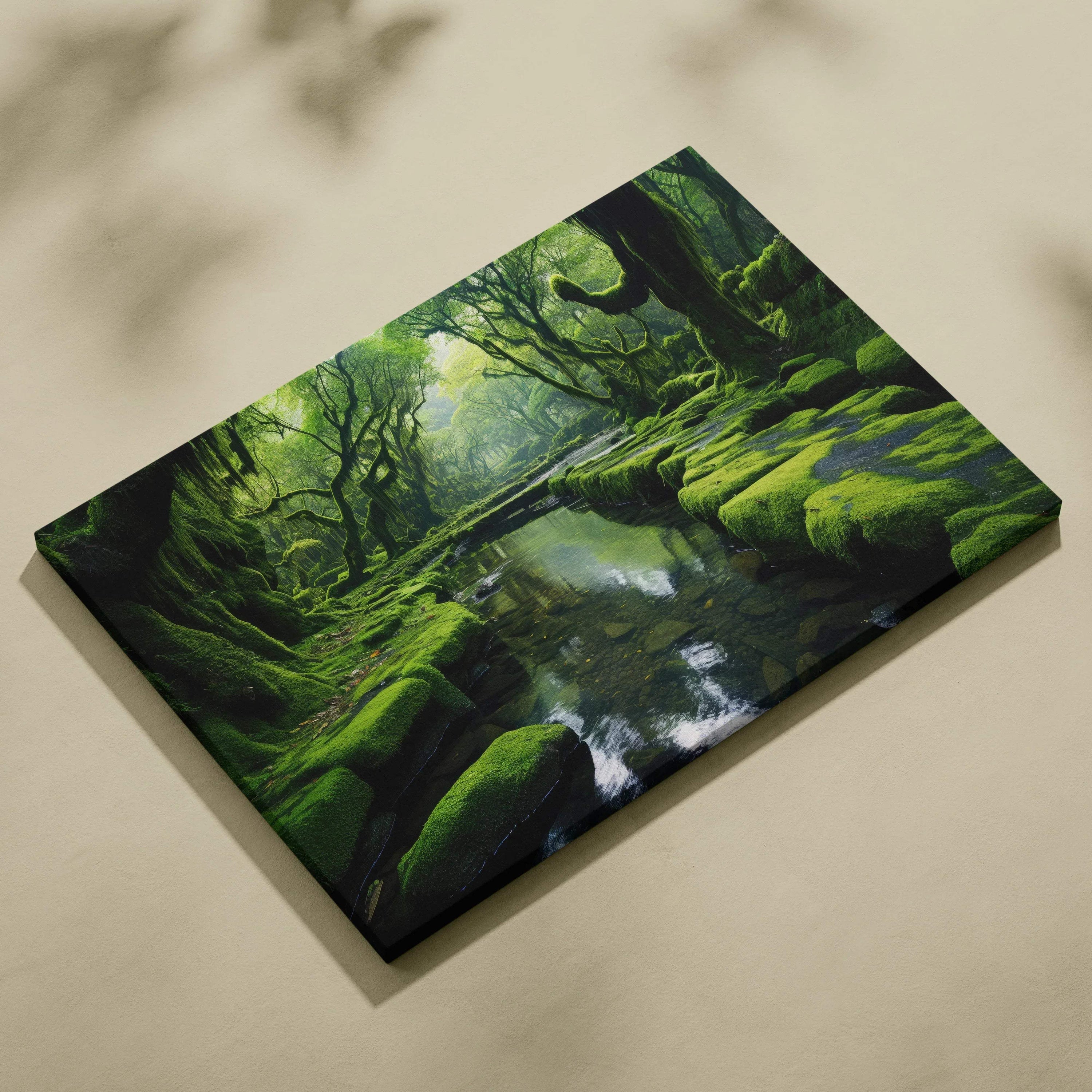Serene forest landscape canvas wall art featuring calm river and lush green foliage decor.