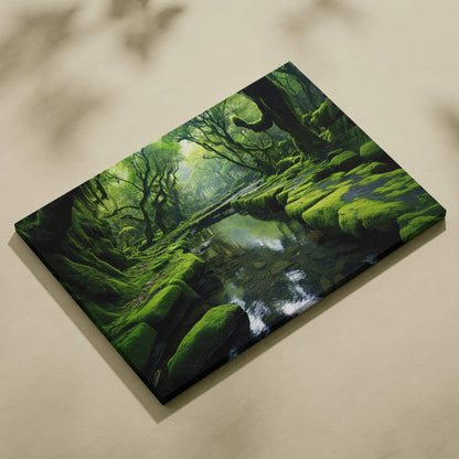 Serene forest landscape canvas wall art featuring calm river and lush green foliage decor.
