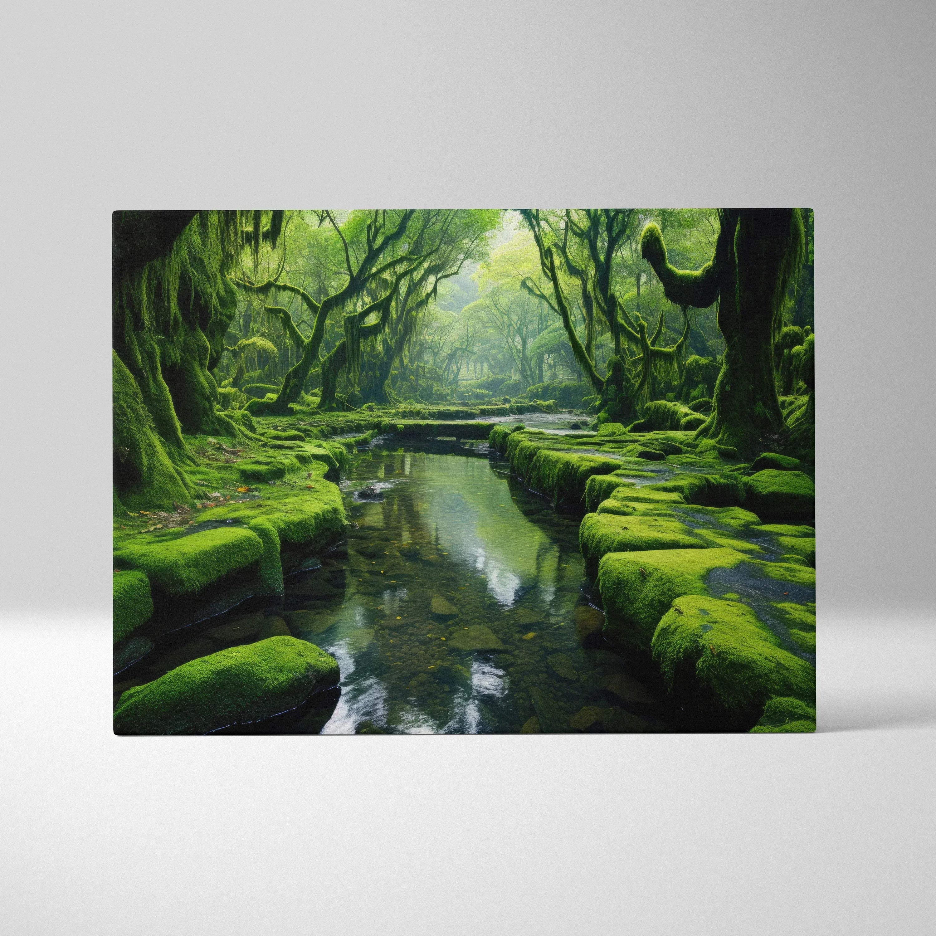 Serene forest landscape canvas wall art with calm river and lush green foliage decor.