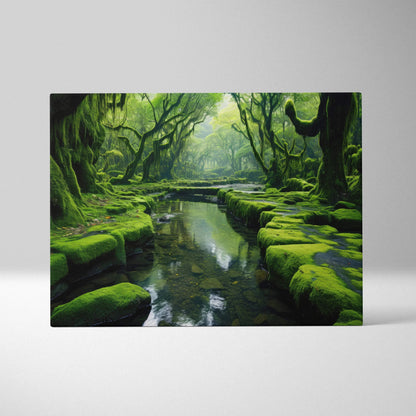 Serene forest landscape canvas wall art with calm river and lush green foliage decor.