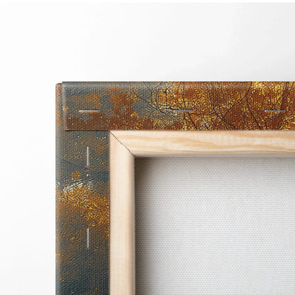 Corner detail of autumn foliage digital art on textured canvas wall art with natural wood frame.