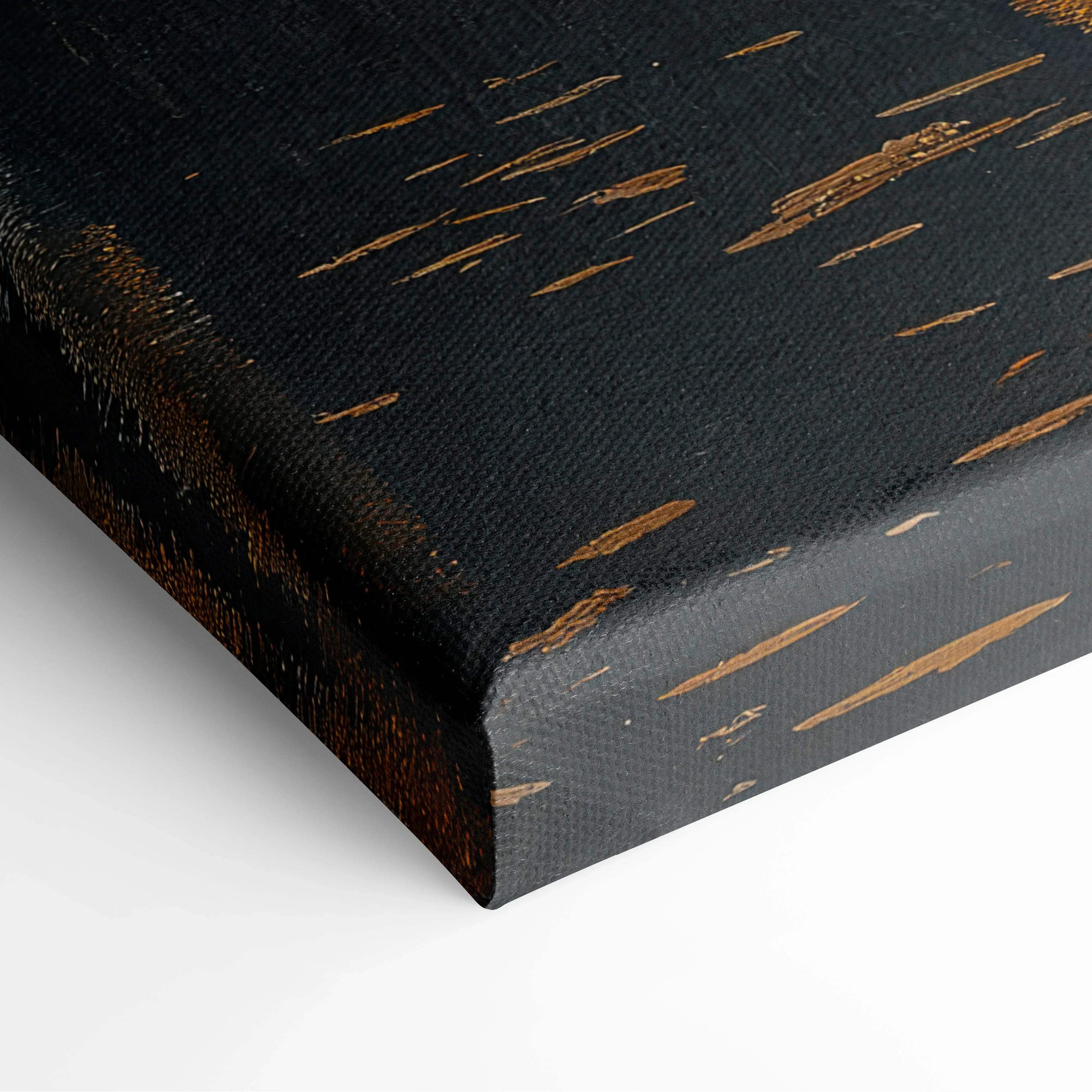 Black canvas corner with textured vibrant autumn foliage wall art and subtle distressed effect on canvas art surface.