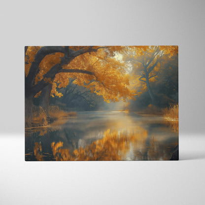 Autumn forest scene with vibrant orange leaves over calm river on canvas wall art.