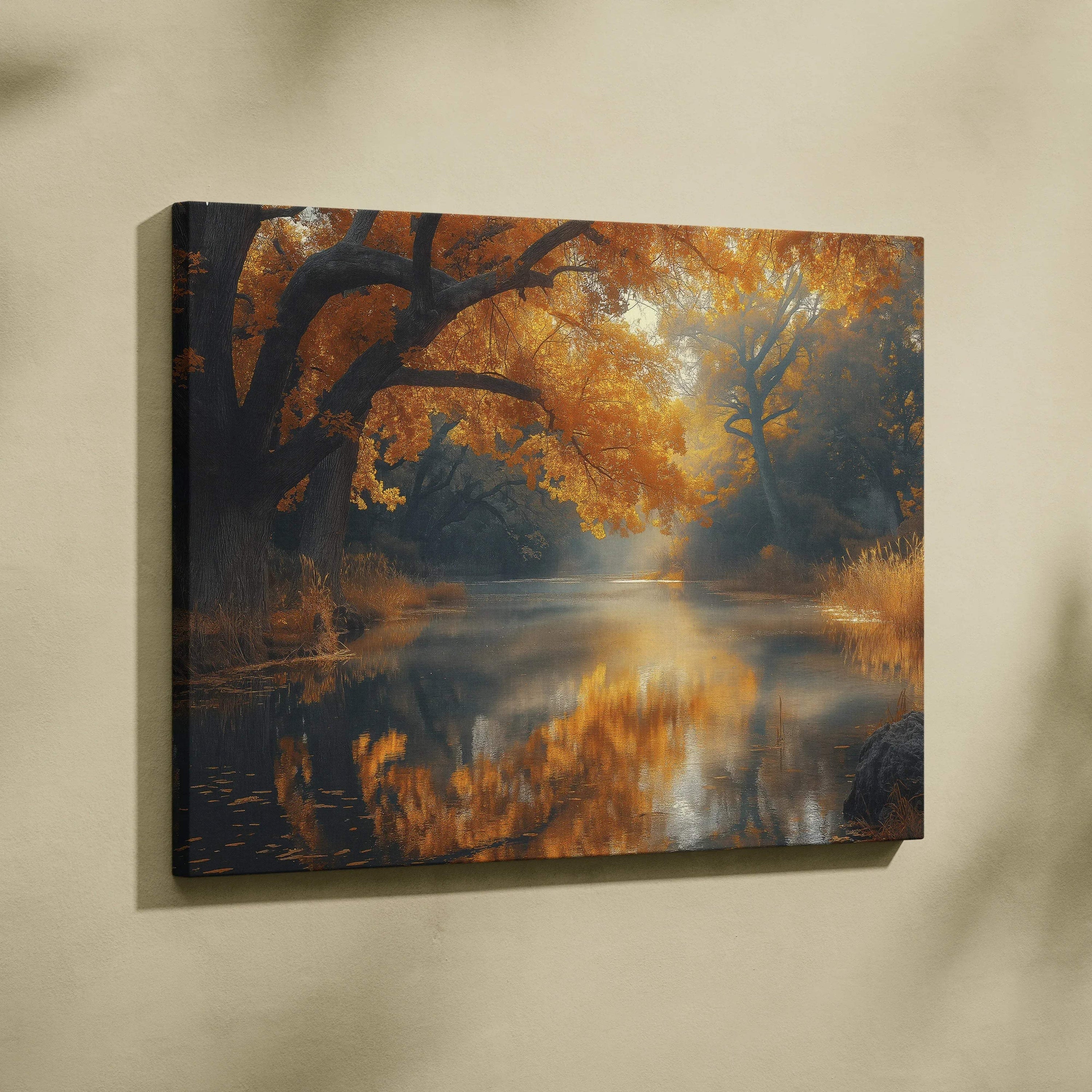 Autumn foliage canvas wall art with vibrant red, orange, and yellow leaves over a reflective river scene.