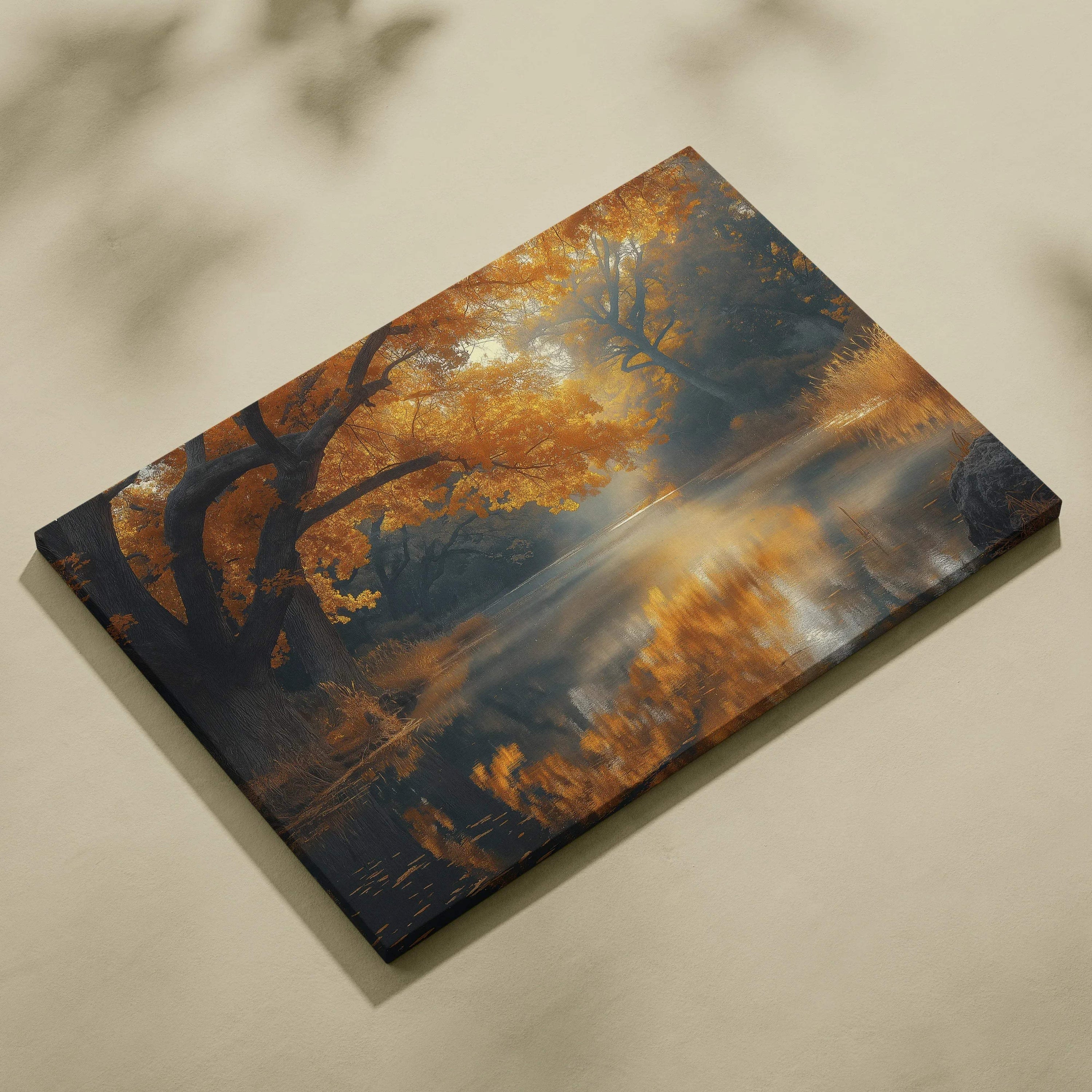 Autumn foliage digital art canvas wall art with vibrant orange and yellow leaves over a reflective water scene.