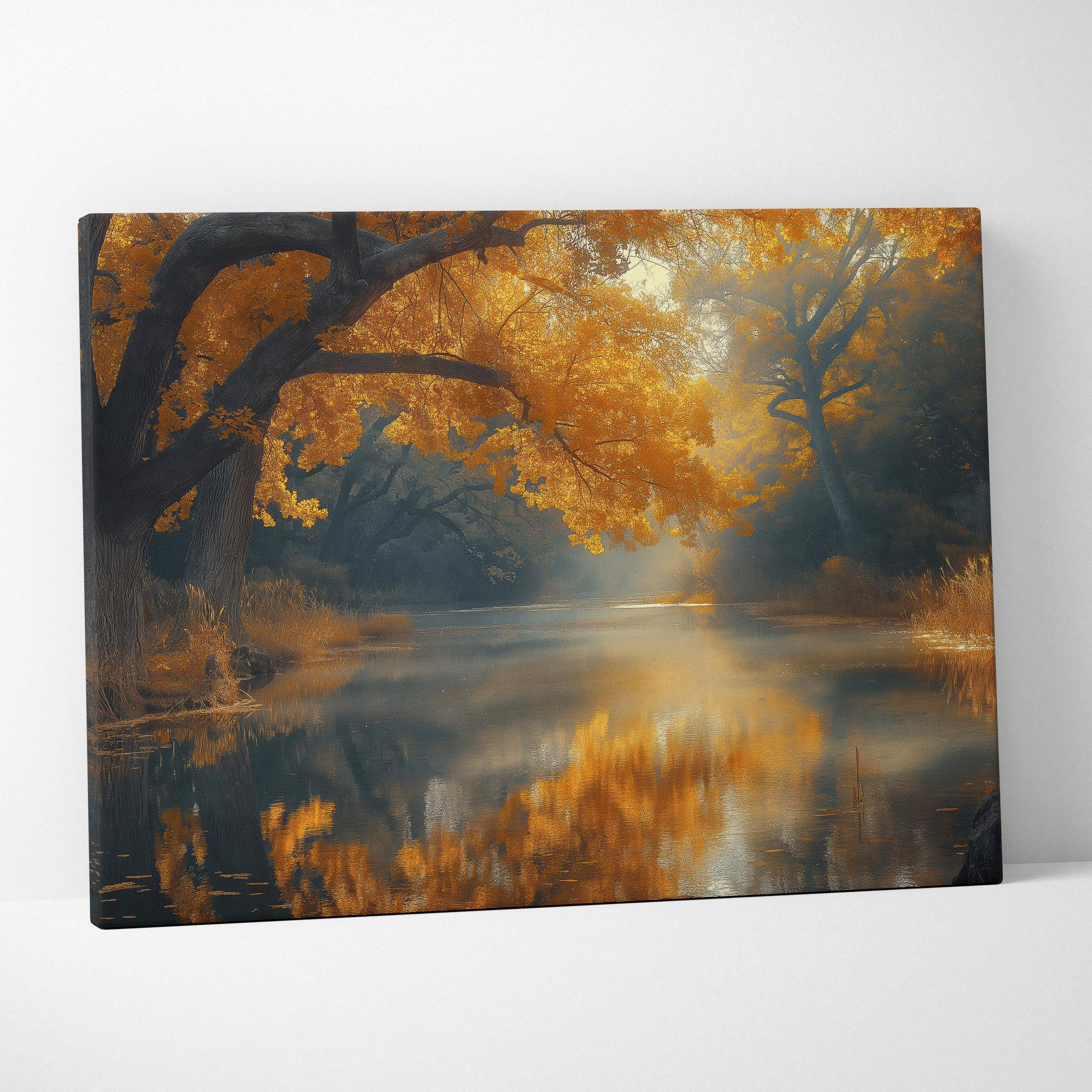 Autumn foliage digital art canvas with vibrant orange, red, and yellow leaves over a misty river reflecting trees wall art.