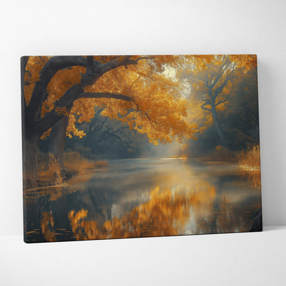 Autumn foliage digital art canvas with vibrant orange, red, and yellow leaves over a misty river reflecting trees wall art.