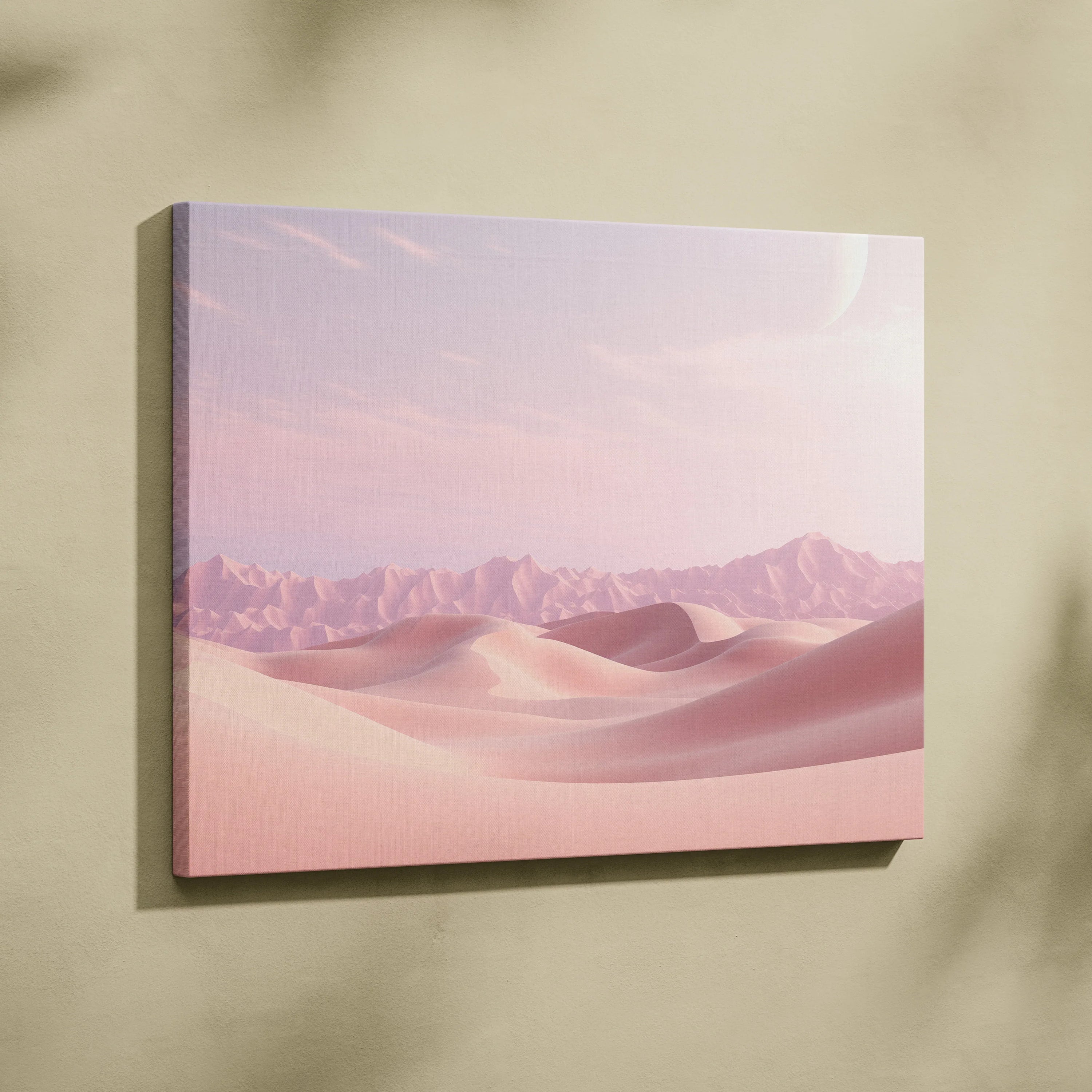 Minimalist pink desert dunes digital canvas wall art with soft pastel landscape decor.
