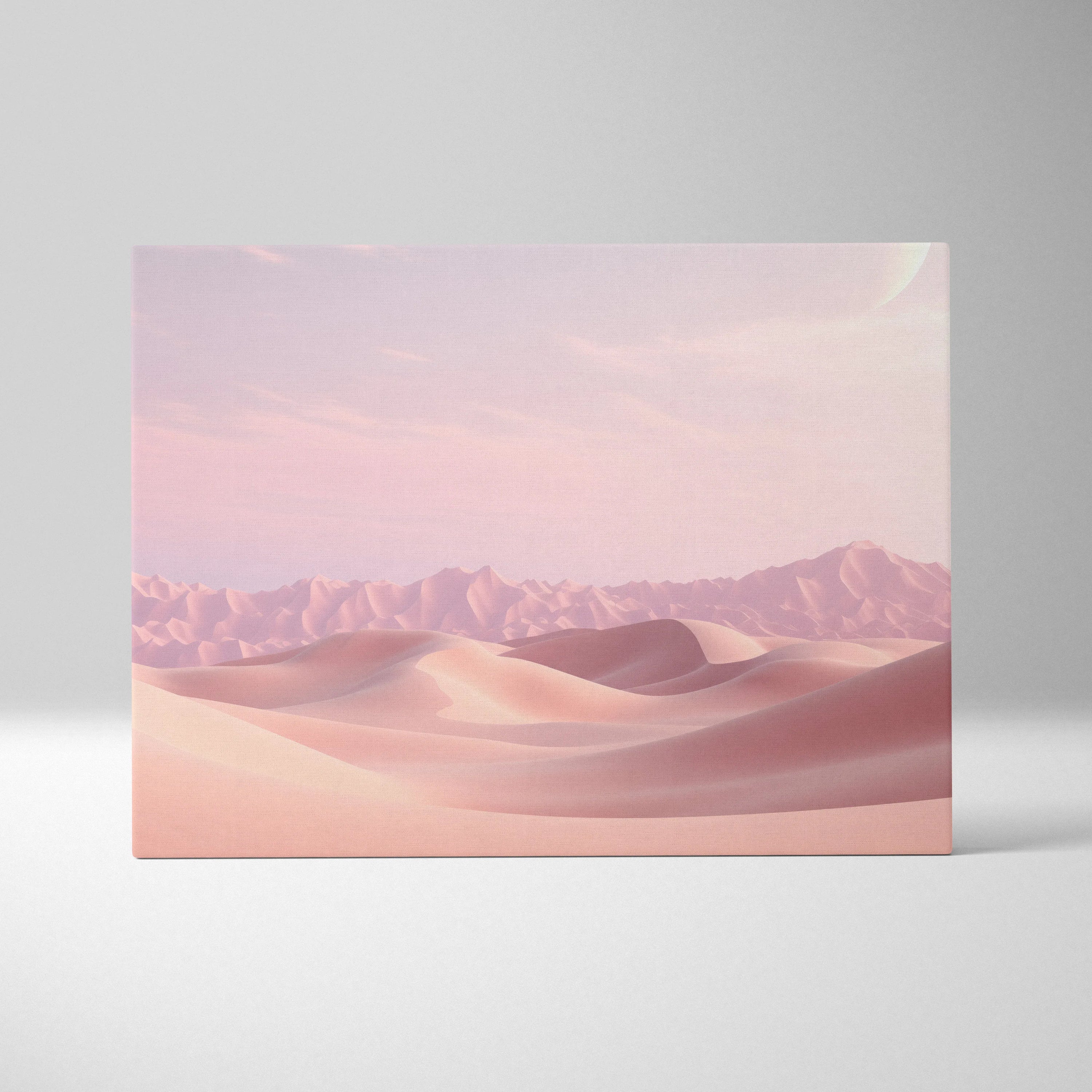 Minimalist pink desert dunes landscape digital art on canvas wall decor with soft pastel tones.