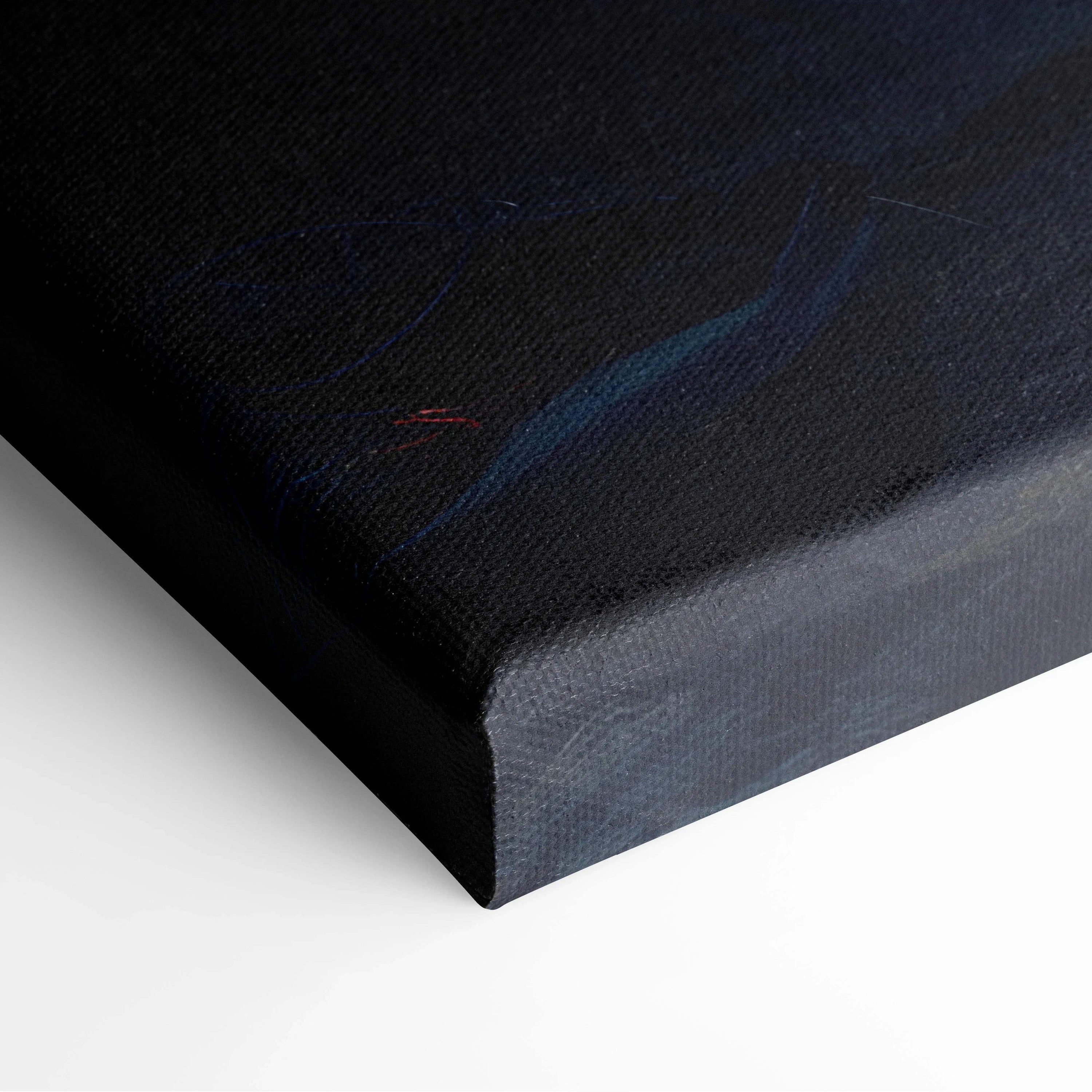 Black canvas print of mountain summit camping at sunset with blue brushstroke