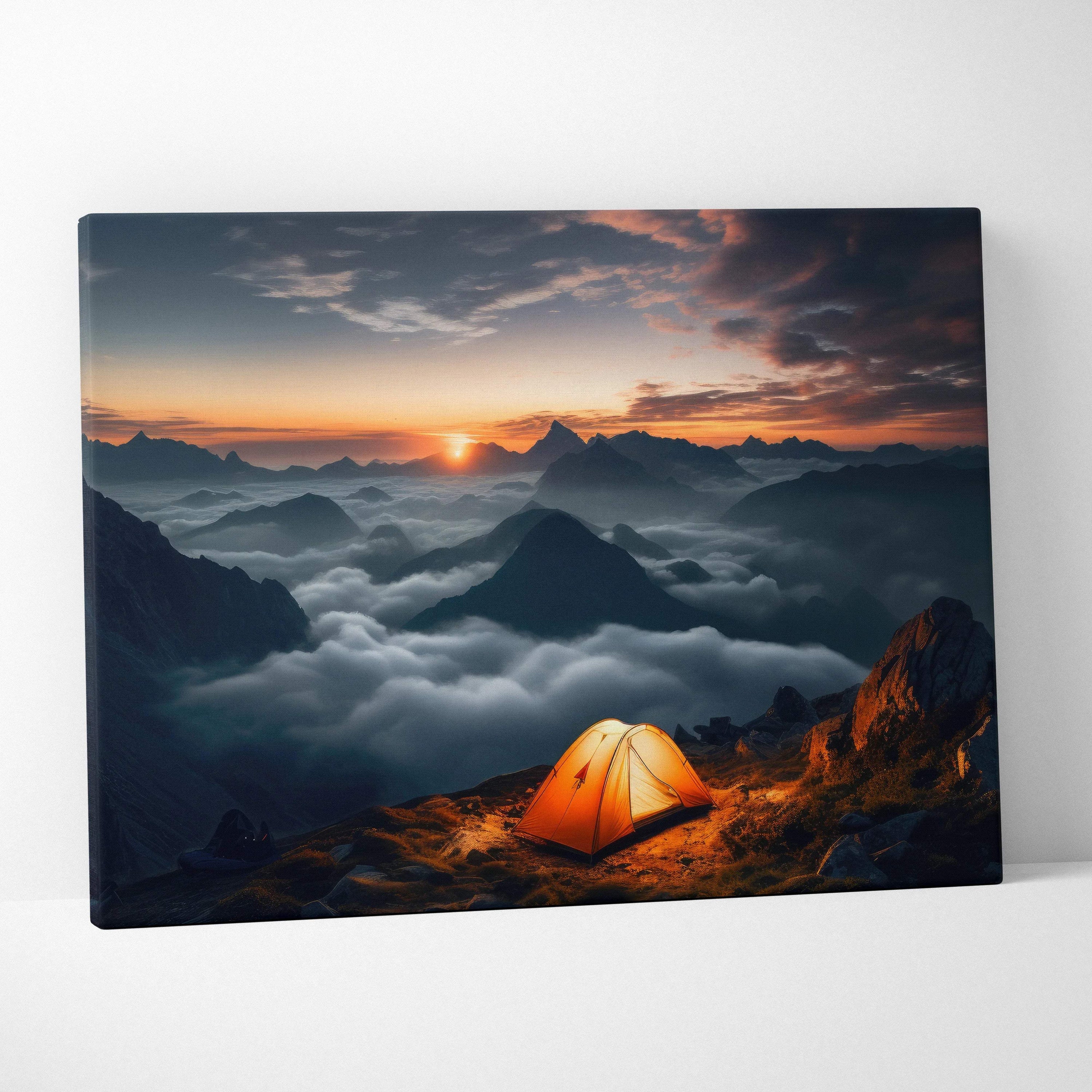 Warm orange camping tent on mountain summit over clouds at sunset glow