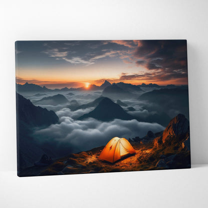 Warm orange camping tent on mountain summit over clouds at sunset glow