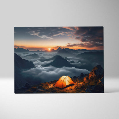Orange illuminated tent on mountain peak at sunrise over clouds