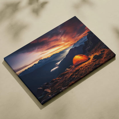 Vibrant orange tent on mountain peak at dusk with sunset purple sky canvas art