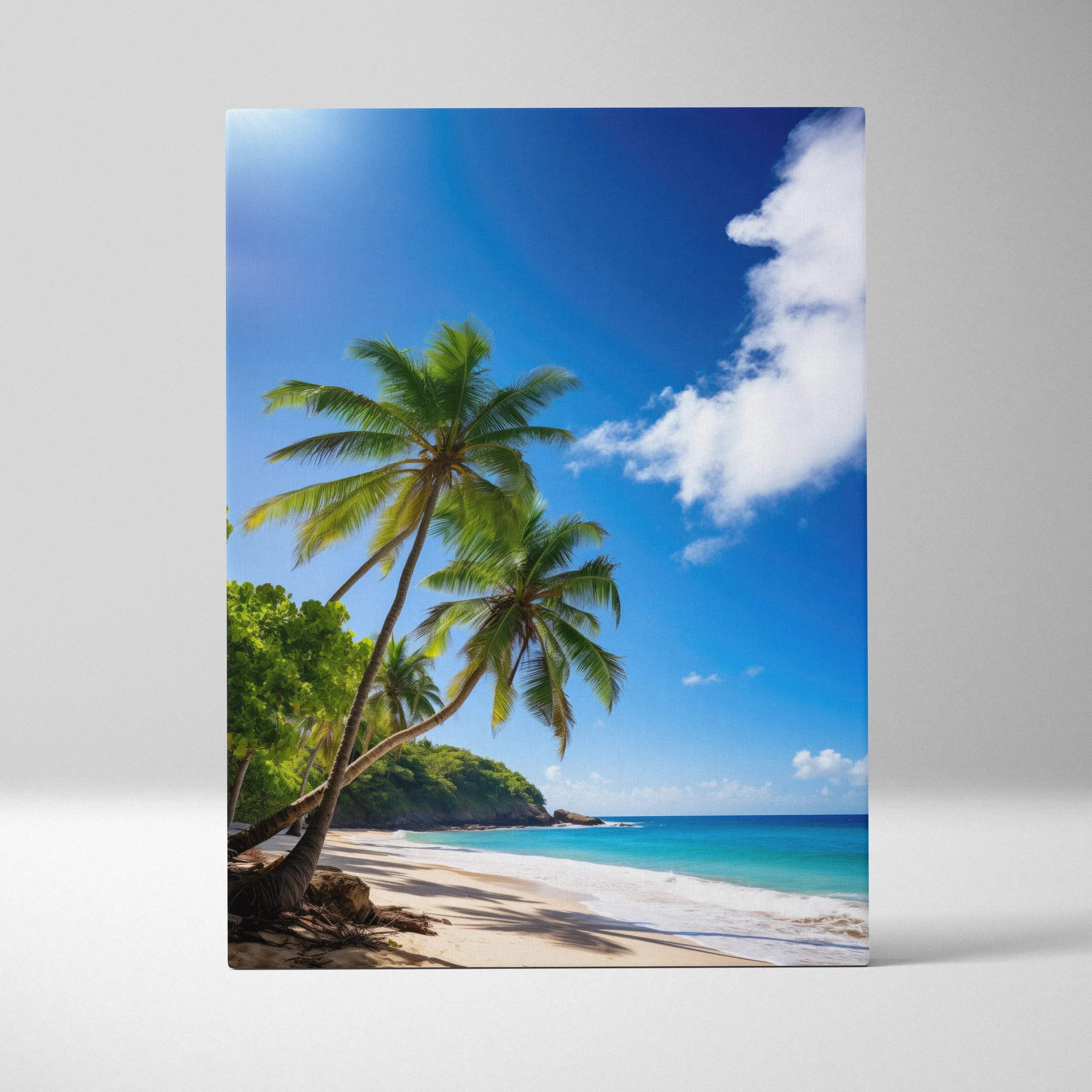 Canvas wall art featuring a tropical beach scene with tall palm trees, blue sky, and turquoise ocean waves.
