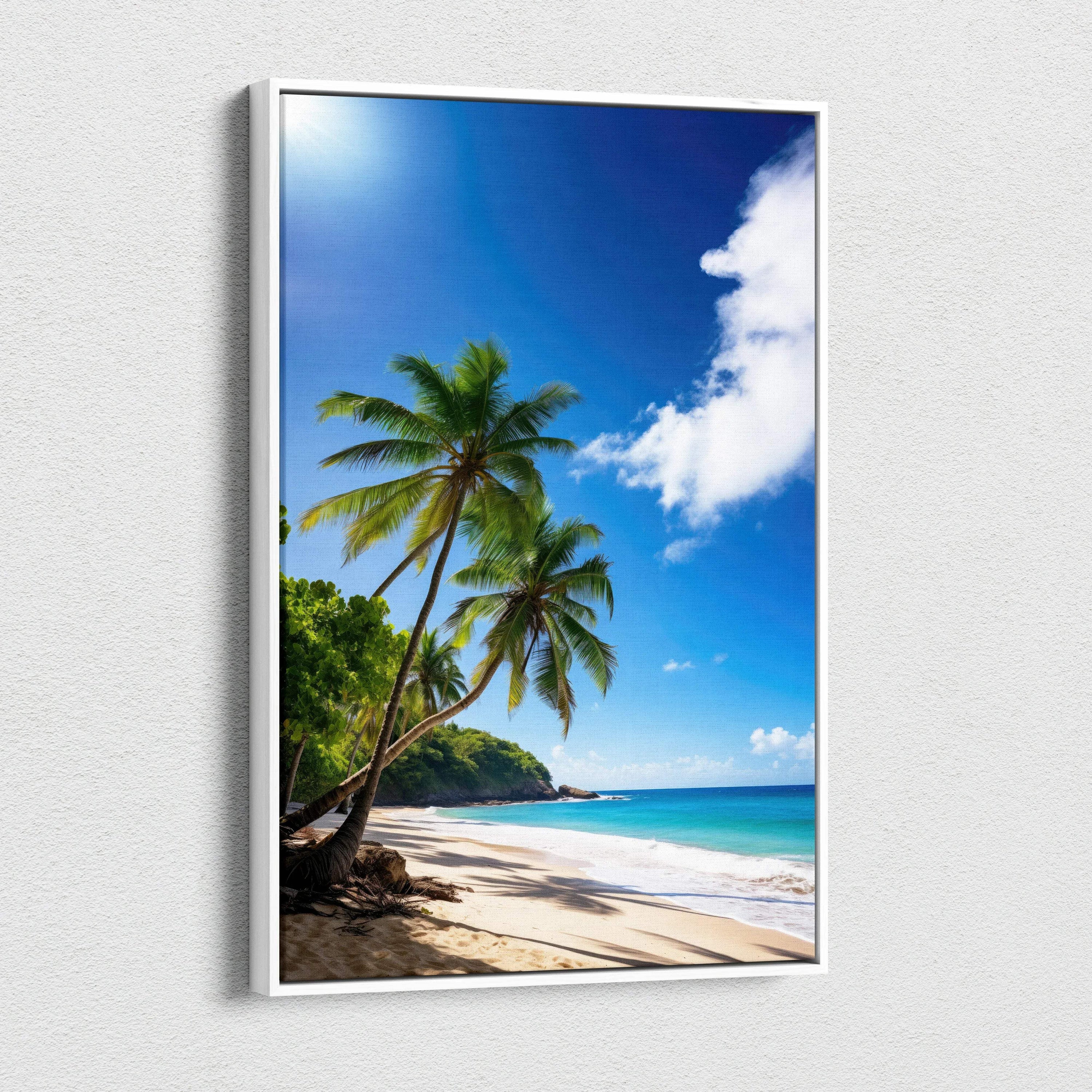 Vertical canvas wall art featuring a tropical beach scene with palm trees, sandy shore, and vibrant blue sky with clouds.