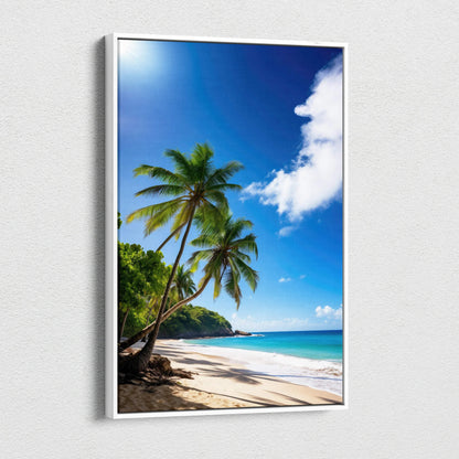 Vertical canvas wall art featuring a tropical beach scene with palm trees, sandy shore, and vibrant blue sky with clouds.