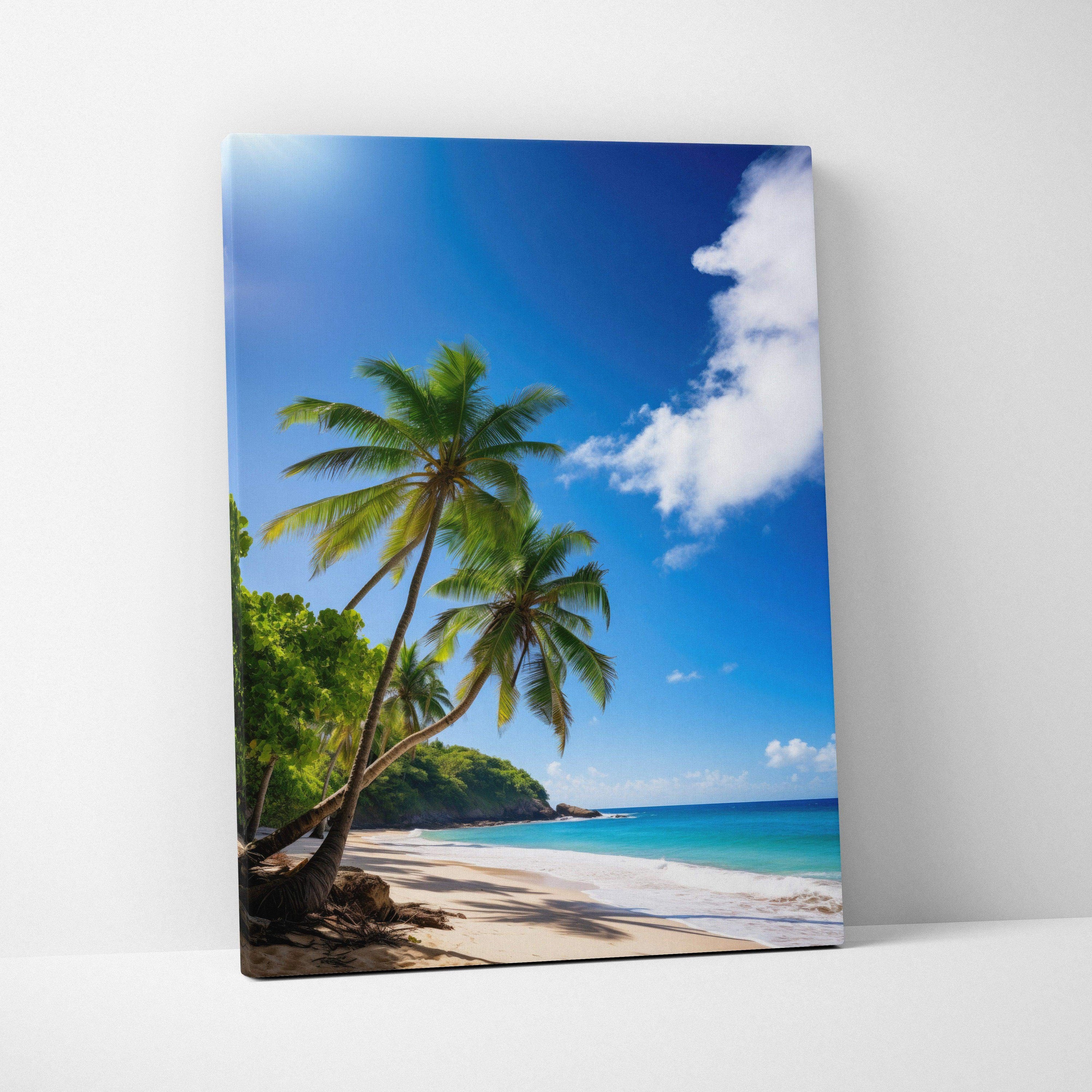 Beach scene canvas art with palm trees, blue sky, white clouds, and sandy shore wall art.