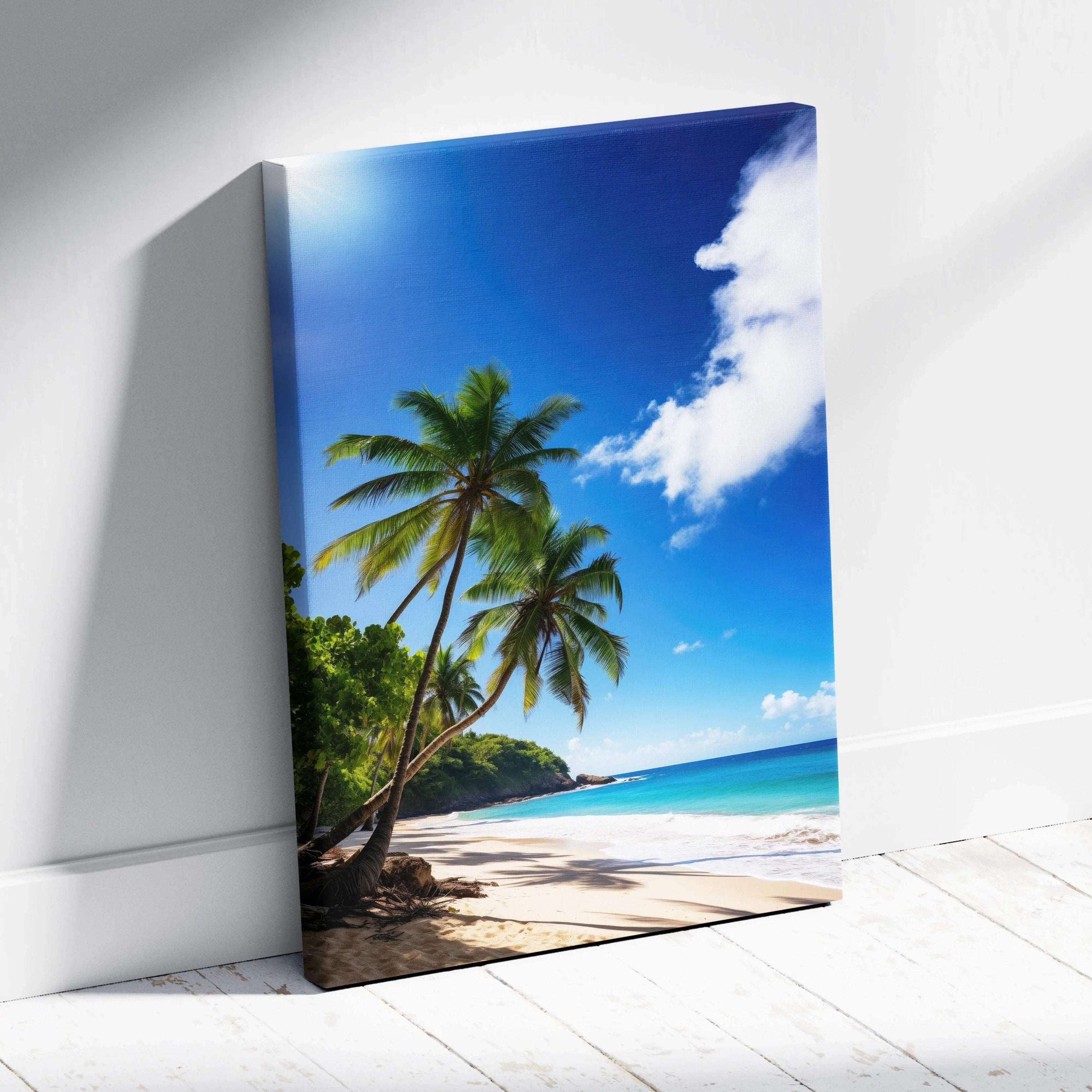 Canvas wall art featuring a tropical beach scene with palm trees, blue sky, and white sand shoreline.
