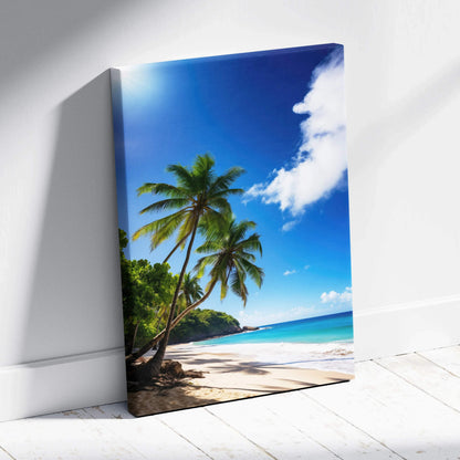 Canvas wall art featuring a tropical beach scene with palm trees, blue sky, and white sand shoreline.