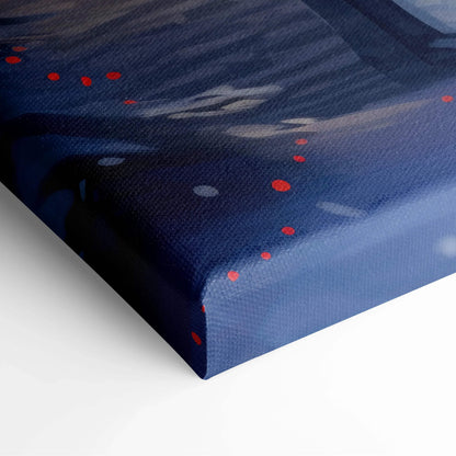 Close-up of deep blue digital canvas art with subtle snowy texture and red accent dots on wrapped edges.