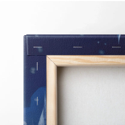 Close-up of corner showing blue snowy winter-themed digital canvas art print with wooden frame and visible canvas texture.