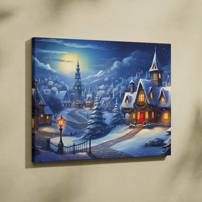 Winter village scene with snow-covered cottages and church under a moonlit sky canvas wall art decor.