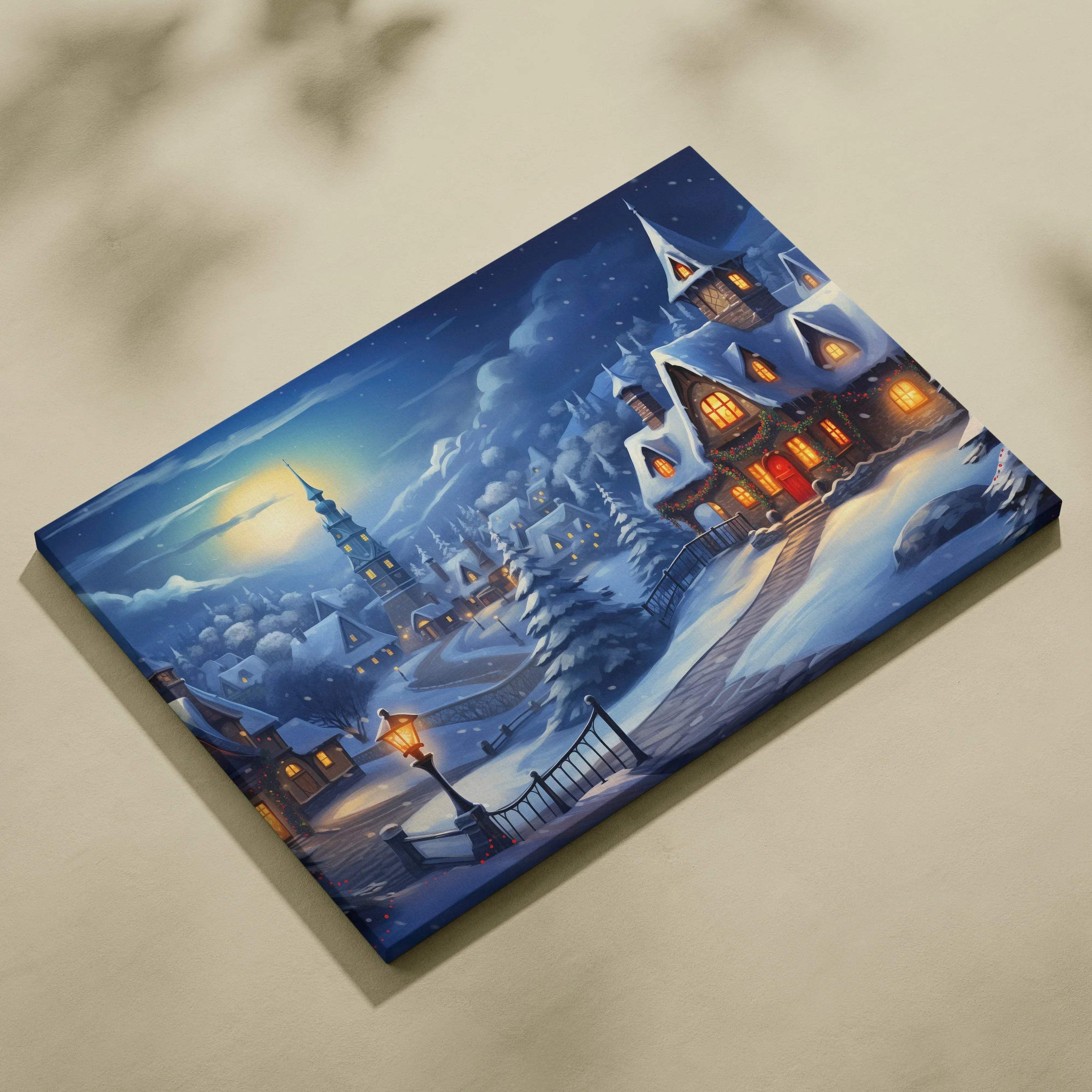 Winter village canvas wall art featuring snow-covered houses and glowing windows under a moonlit sky.